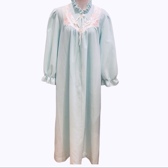 Vintage Gilligan O’Malley Mint Green Zip Robe House Coat Lace Fleece M - Picture 1 of 14